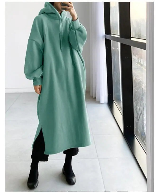 Thicken Autumn Winter Women Oversized Hoodie Long Dress Solid Fashion Long Sleeve Female Clothing Split Casual Loose New Dresses
