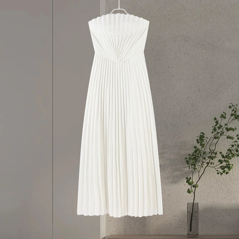 Elegant Solid Pleated Off Shoulder Long Dresses for Women Chic Sleeveless Backless Female Maxi Dress Summer New Beach Party Robe