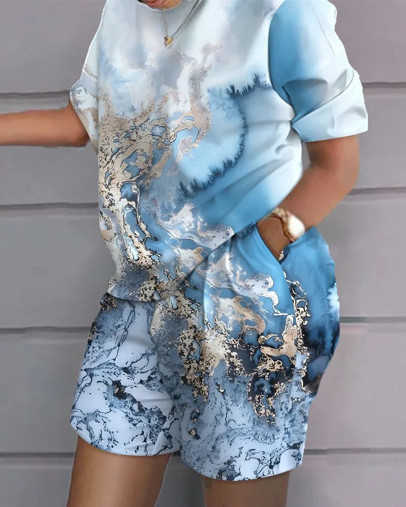 2026New Casual Set Solid Color Printed Shirt Button Long Sleeve Top+Pocket Shorts Set for Women womens matching sets 2 piece set