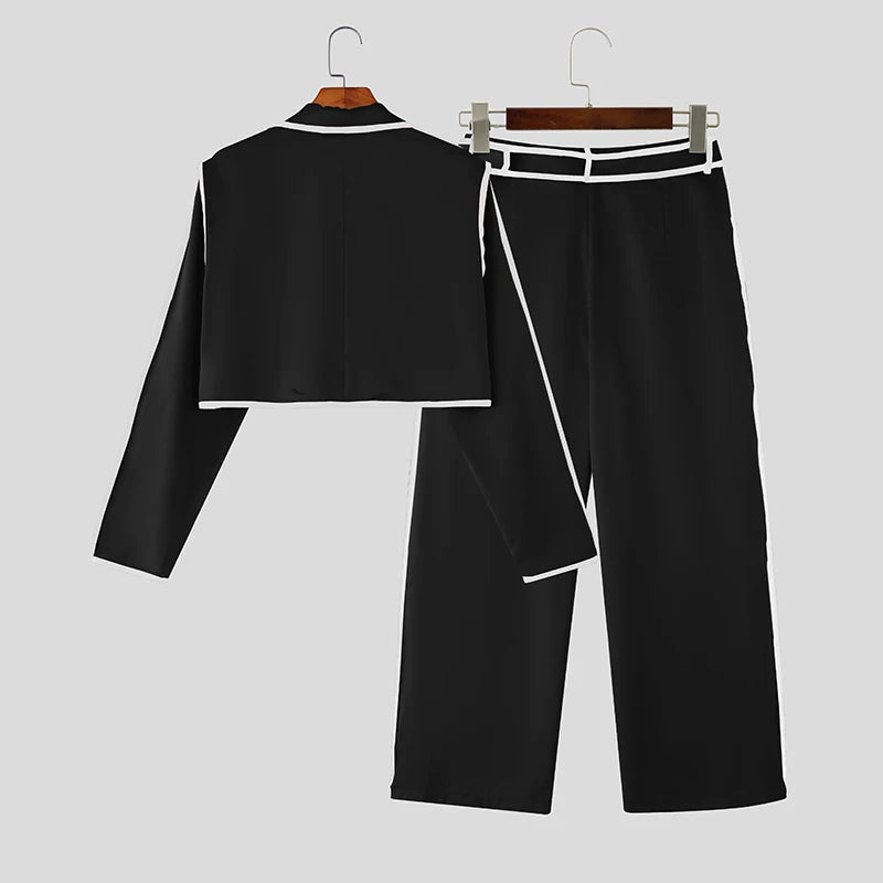 INCERUN Men Sets Patchwork Autumn 2025 Lapel Long Sleeve Crop Blazer & Pants Two Pieces Sets Streetwear Loose Fashion Men Suits