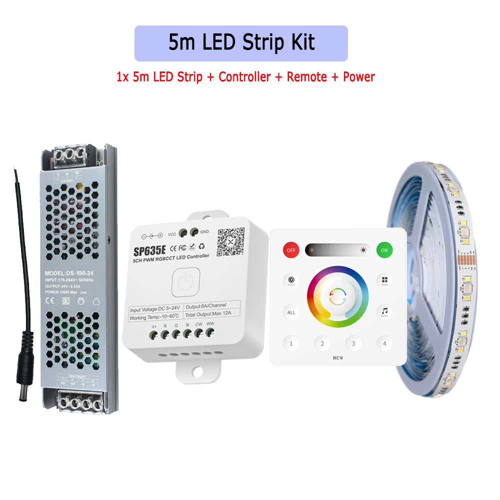 5m 10m 20m RGB+CCT LED Strip 24V 5050 Colorful+Dual White Flexible Dimmable Room Party Light Decor RF Touch Remote Control Kit