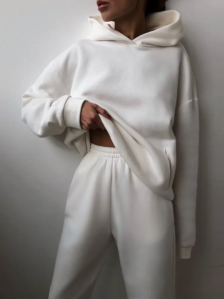 Two Piece Pant Sets Women Solid Thick Sweatshirts Hooded Full Sleeve Elastic Waist Spliced Long Pants Pockets Casual Suits