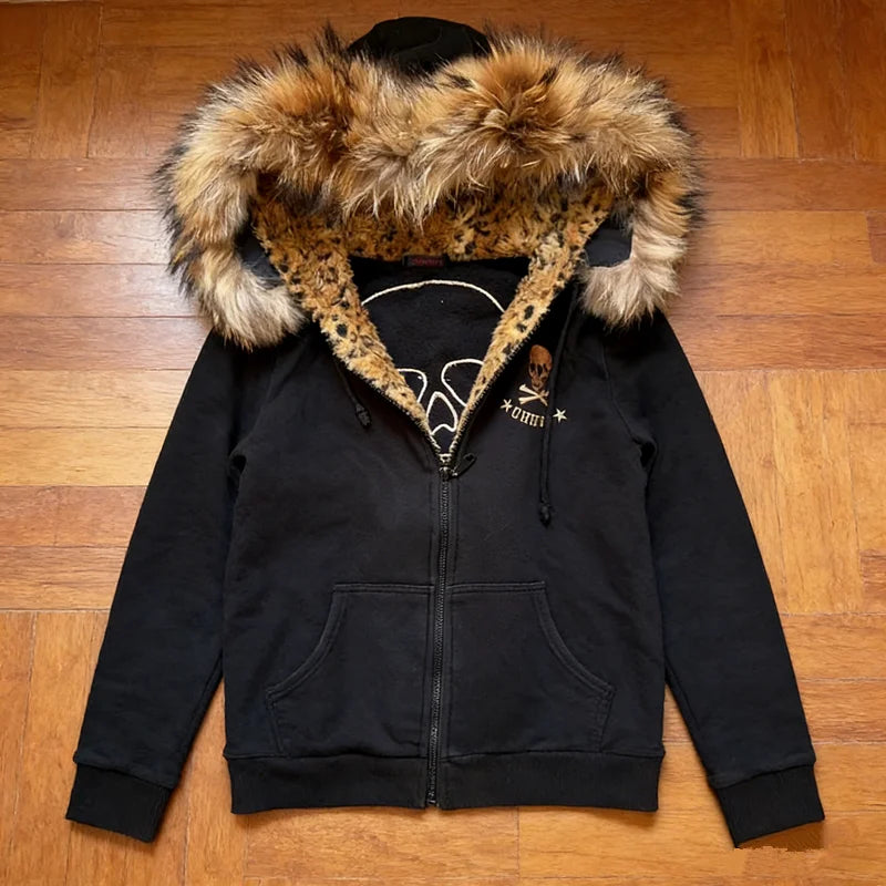 2026 American Fashion Trend Fur Collar Zipper Hoodie Men Street Hip Hop Retro Loose Sweatshirt Unisex Fleece Padded Warm Hoodie