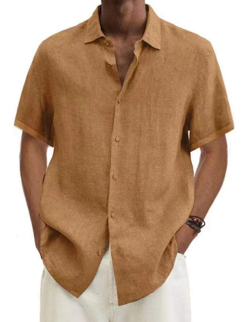 Men's Short Sleeve Linen Blend Shirt Casual Button Down Collar Lightweight Breathable Top