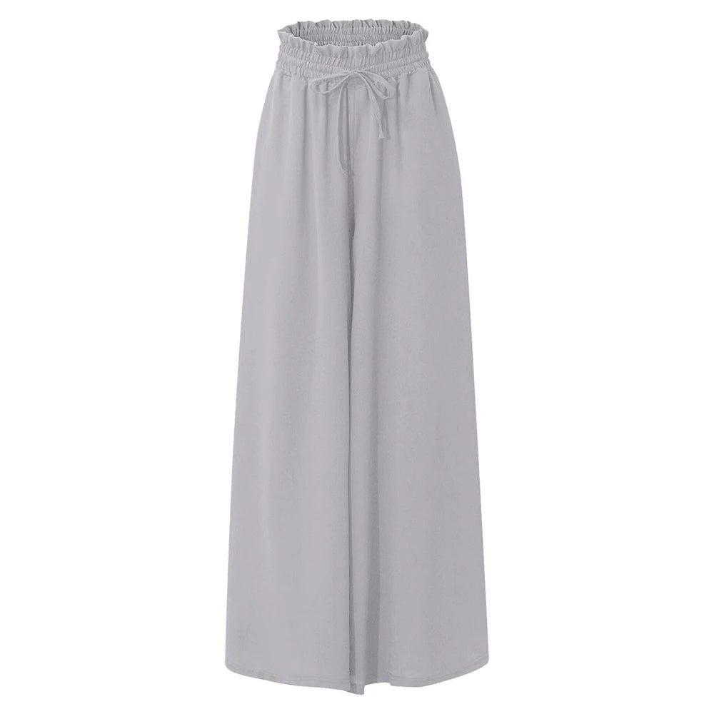 Women Casual Elastic Waist Wide Leg Pants Summer Elegant Drawstring Loose Straight Trouser Elegant Solid Pants Vacation Beach
