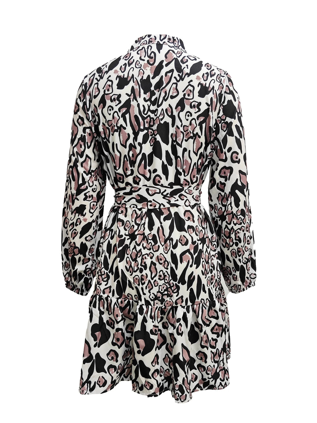 Women's Leopard Buttons Belted V Neck Mini Dress Elegant Daily Long Sleeve Fall