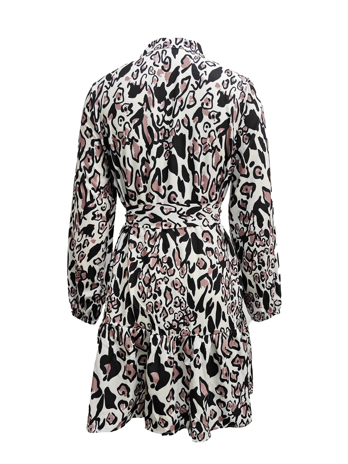 Women's Leopard Buttons Belted V Neck Mini Dress Elegant Daily Long Sleeve Fall