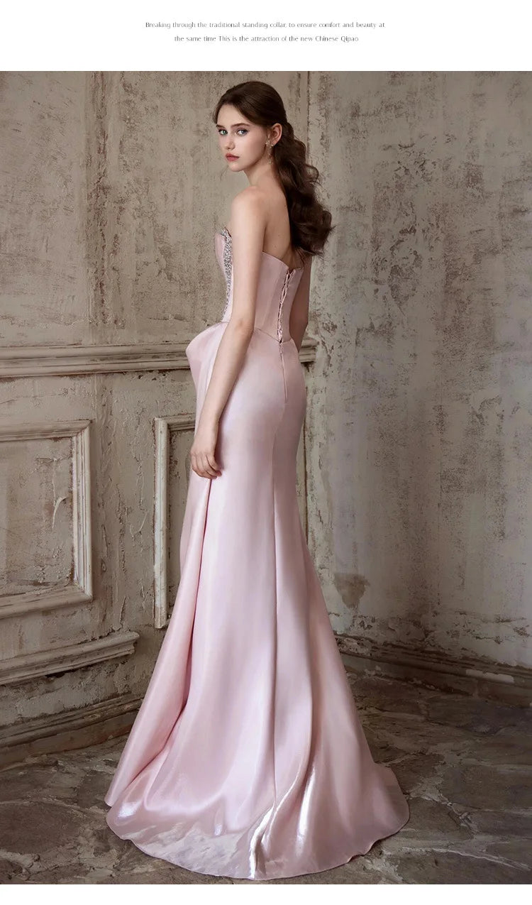 Pink Strapless French Evening Gown 2026 New High-end Annual Meeting Host Engagement Banquet Bride Toast Costume Customization
