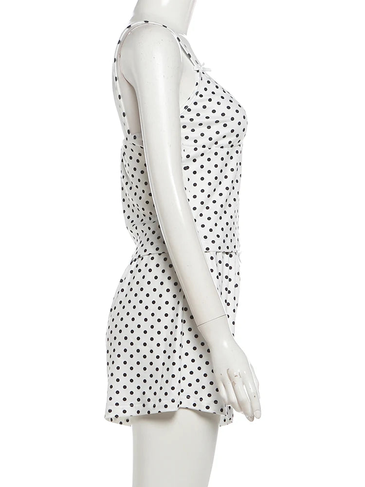 Nibber Street Bow Applique 2 Piece Set Women Fashion Polka Dot Print Low-Neck Sleeveless Camisole+Bike Short Sexy Party Suit