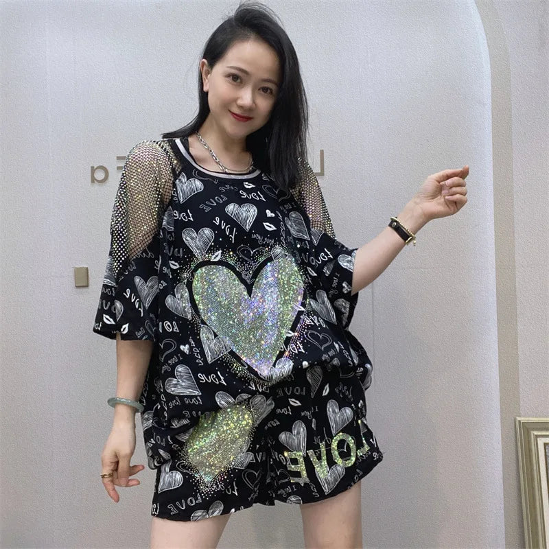 2pcs Plus Size Set For Women Spring Summer Chiffon Suit Hollow Out Shoulder Short Kit Matching Sports Wear