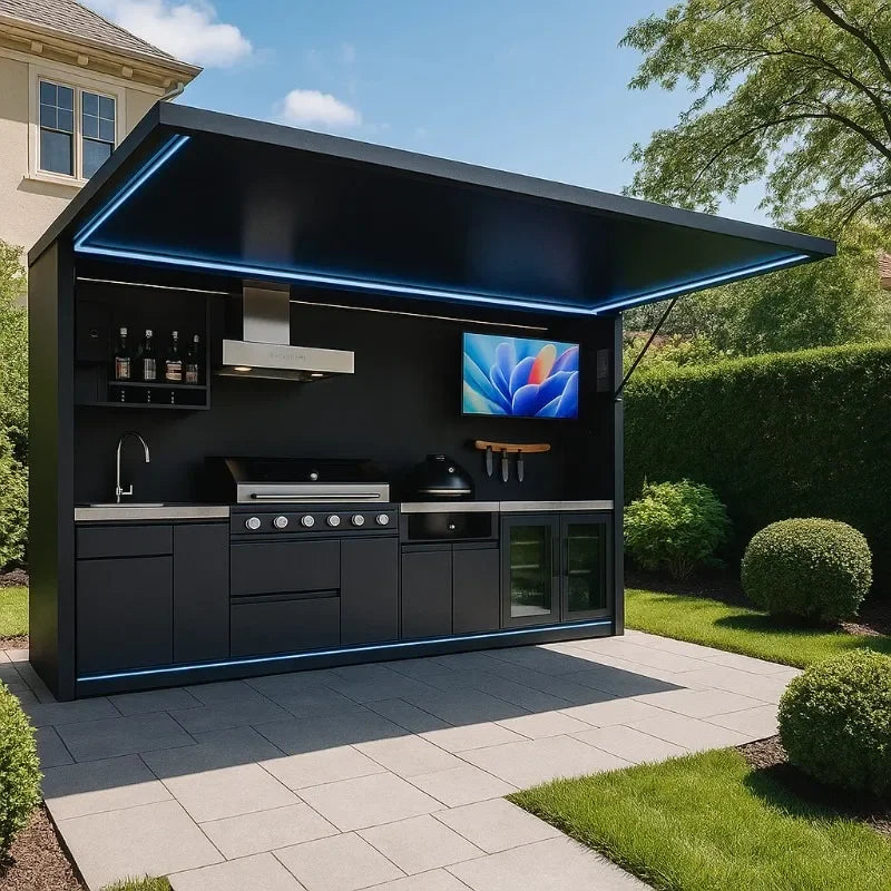 Modular Outdoor Kitchen Pod with SUS 304 Cabinets, Pre-assembled All-in-one BBQ Station for Luxury Villa Garden Customized