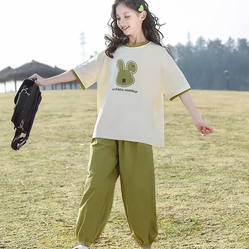 5 6 8 10 12 14 Years Summer Girls Clothing Sets Cute Rabbit Tops + Pants 2Pcs Outfits Kids Tracksuit Teenagers New Kids Clothes
