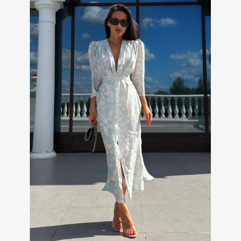 Women Floral Print Short Sleeve Maxi Dress Fashion V-neck Ruffle Trim Belted Slit Hem Dresses Casual Lady Daily Vacation Gowns