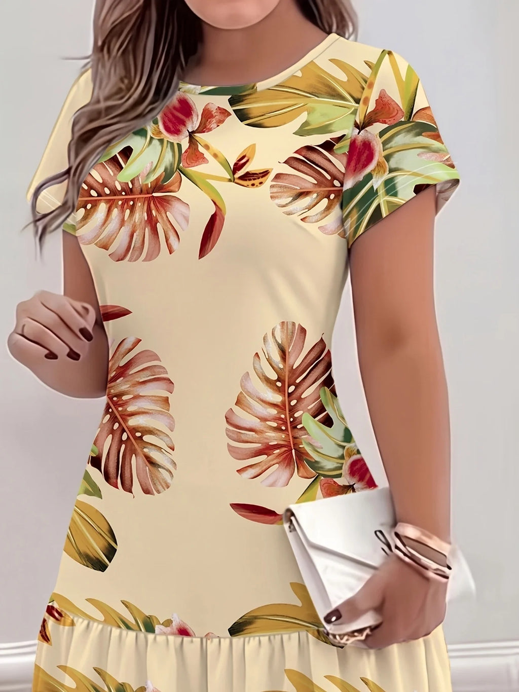 Summer Bohemian Style Loose Tropical Print Round Neck Short Sleeve Dress Comfortable Holiday Dress