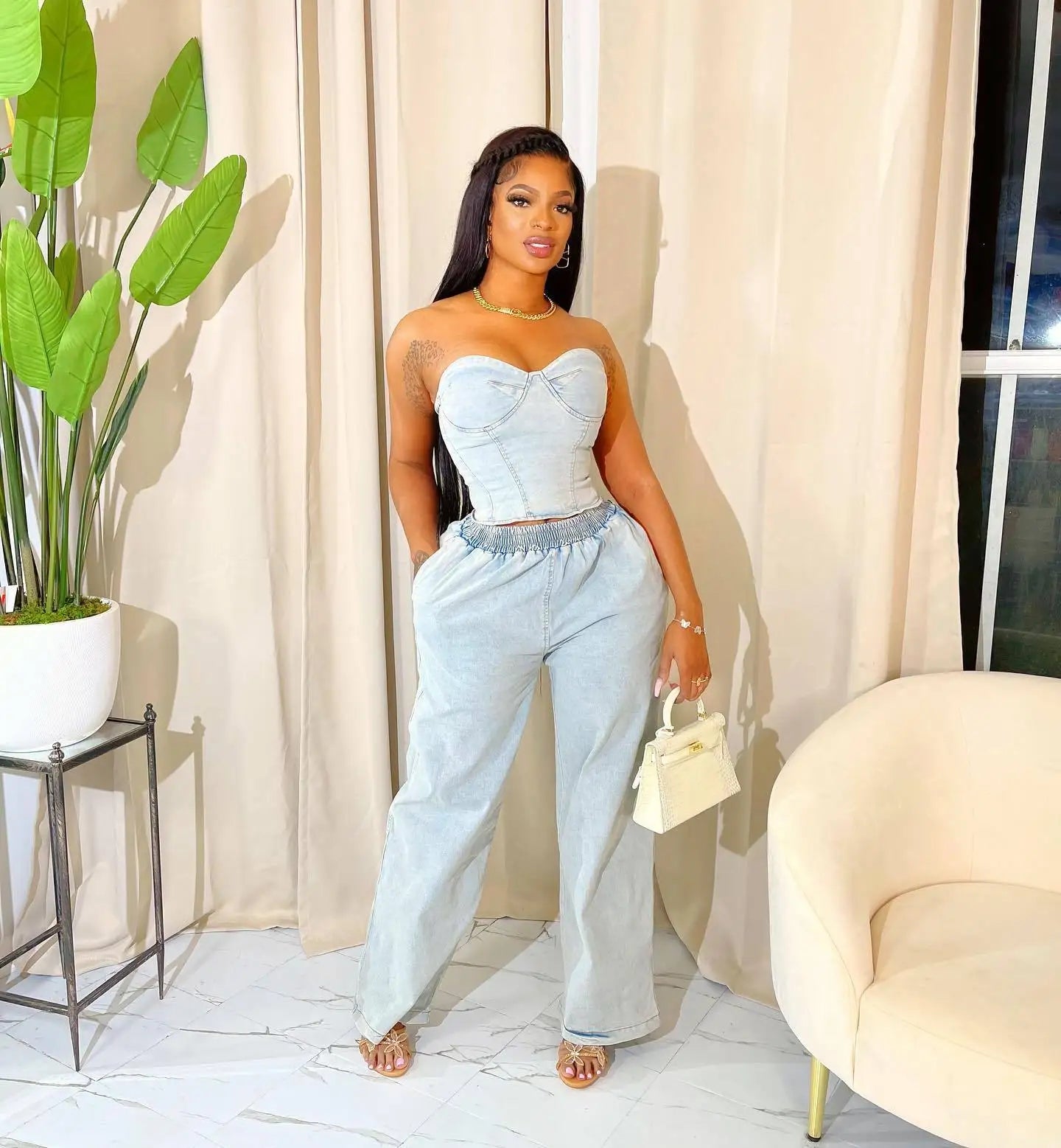 2 Piece Set Women Denim Ensemble Strapless Top Sleeveless Backless Zipper Elastic Waist Jeans Suit Streetwear 2025 Sexy Outfits