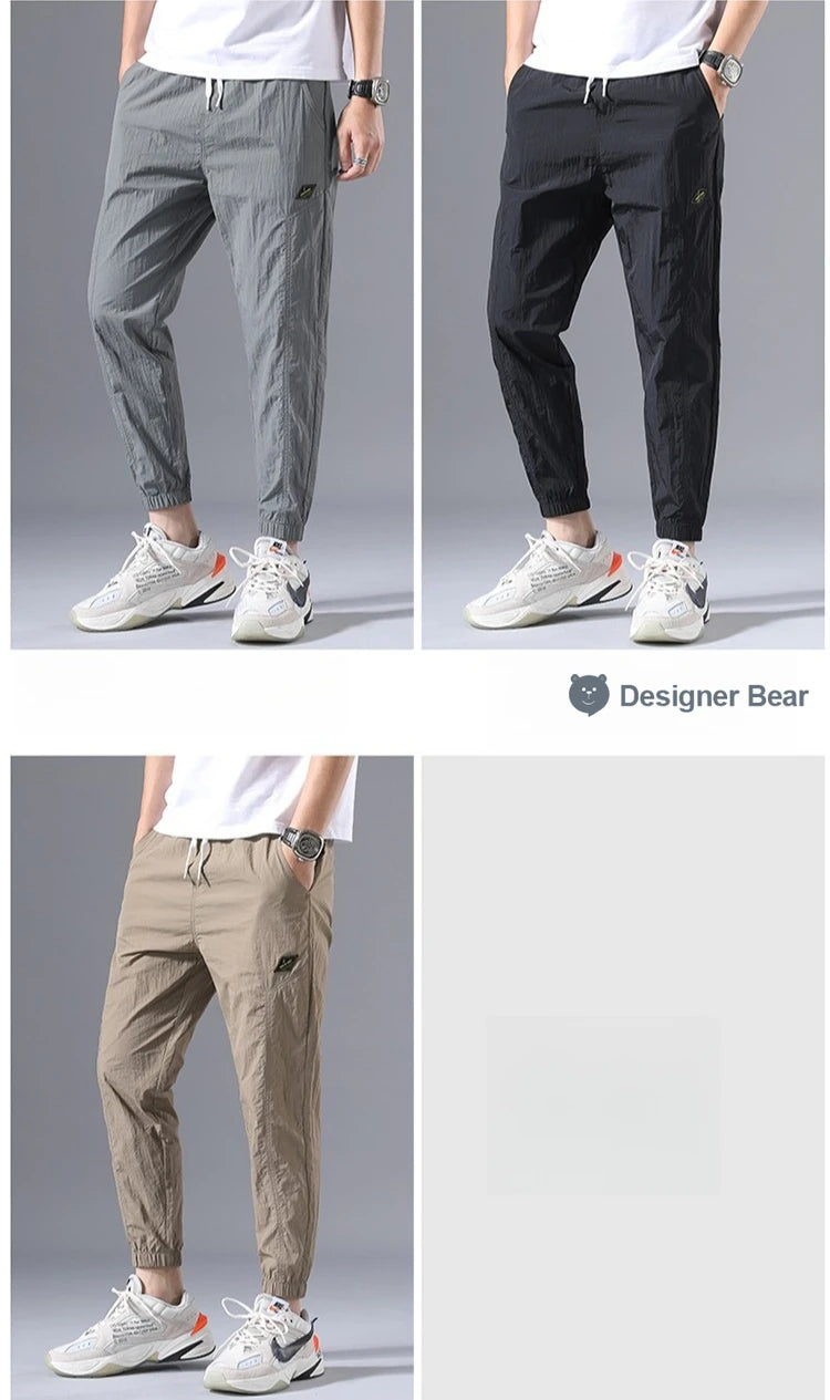 2026 Summer Thin Men's Wrinkled Fabric Loose Tapered Harem Pants Quick-Dry Elastic Cuff Casual Trousers Elastic Waist City Boy