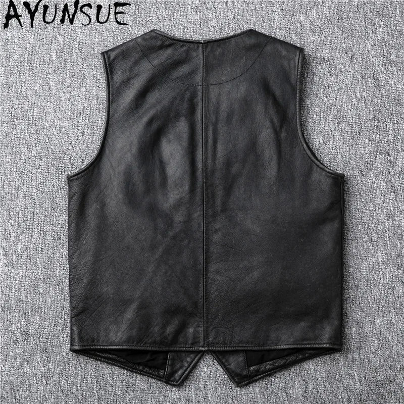 AYUNSUE Genuine Leather Jackets Mens Clothing Retro Cowhide Vest Black Jacket Fashion Short Vests Jaqueta De Couro Masculino