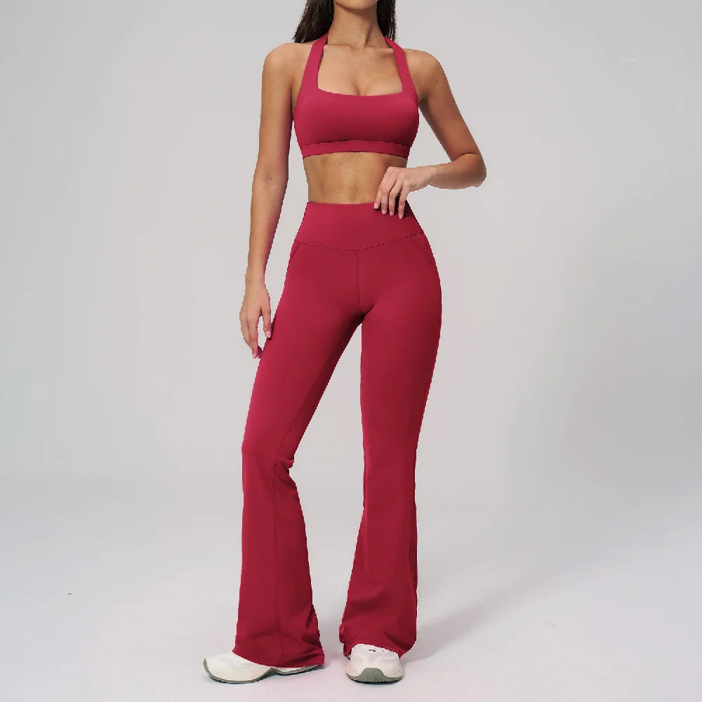 Women's Tracksuits 2PCS Flared Pants Yoga Set Gym Fitness Outfits Female Shockproof Sports Bra Yoga Workout Clothes Sports Sets