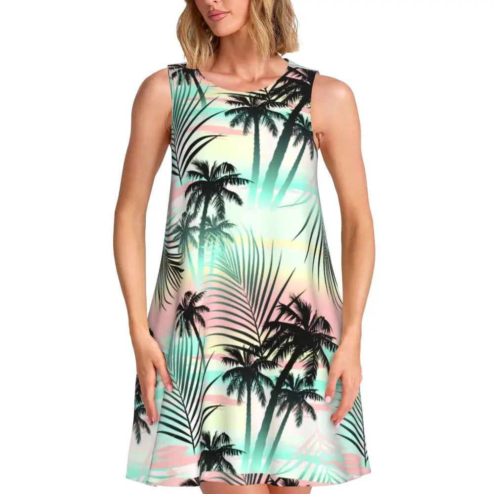 Ocean Sunset Casual Dress Palm Tree Print Sleeveless Elegant Dresses Ladies O Neck Simple Dress Day Print Clothing Birthday Gift