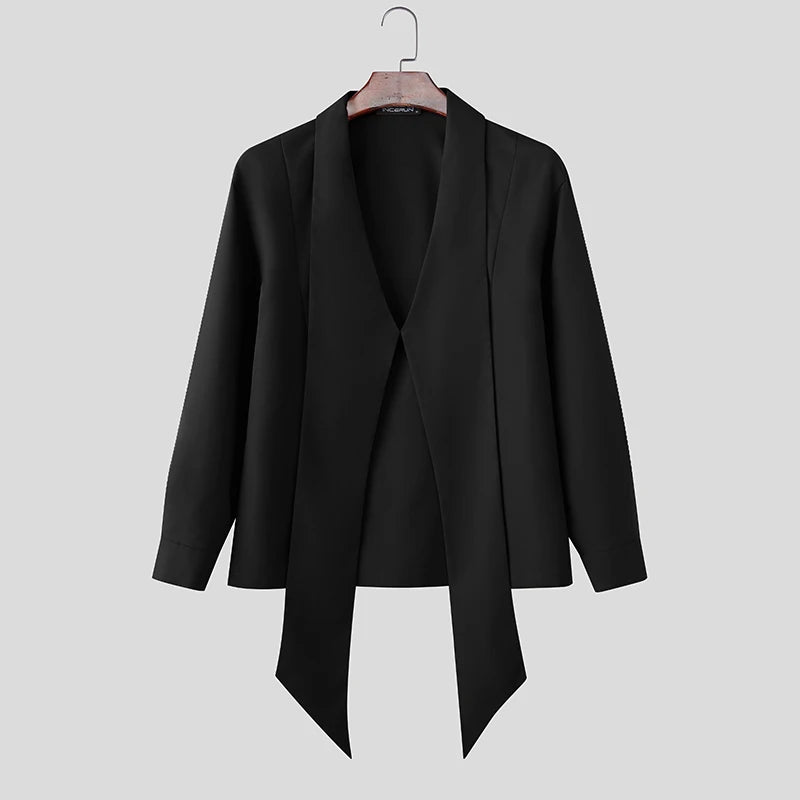 INCERUN Men's Shirt Solid Color Deep V Neck Long Sleeve Men's Clothes Tops With Belt Streetwear 2026 Fashion Camisas Masculina