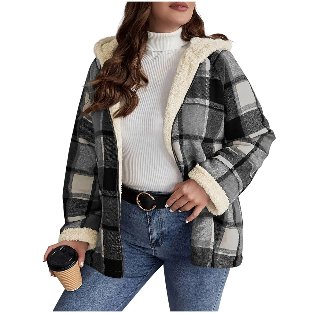 Women's Large Plaid Style Womens Jacket With Hooded Plaid Autumn And Winter Casual Loose Black White Plaid Coat Button Fall Top