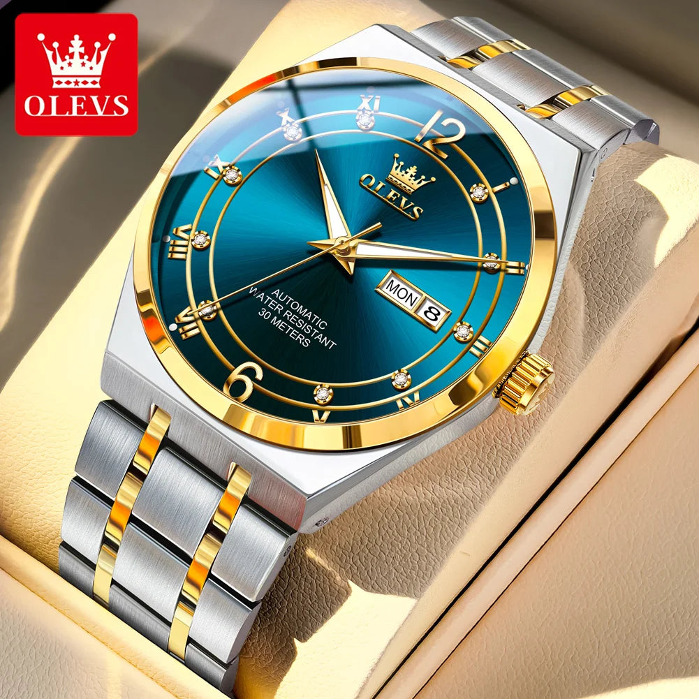 OLEVS 7068 Mens Watch Original Automatic Menchanical Wristwatch Waterproof Luminous For Men Sport Date Dual Calendar Design