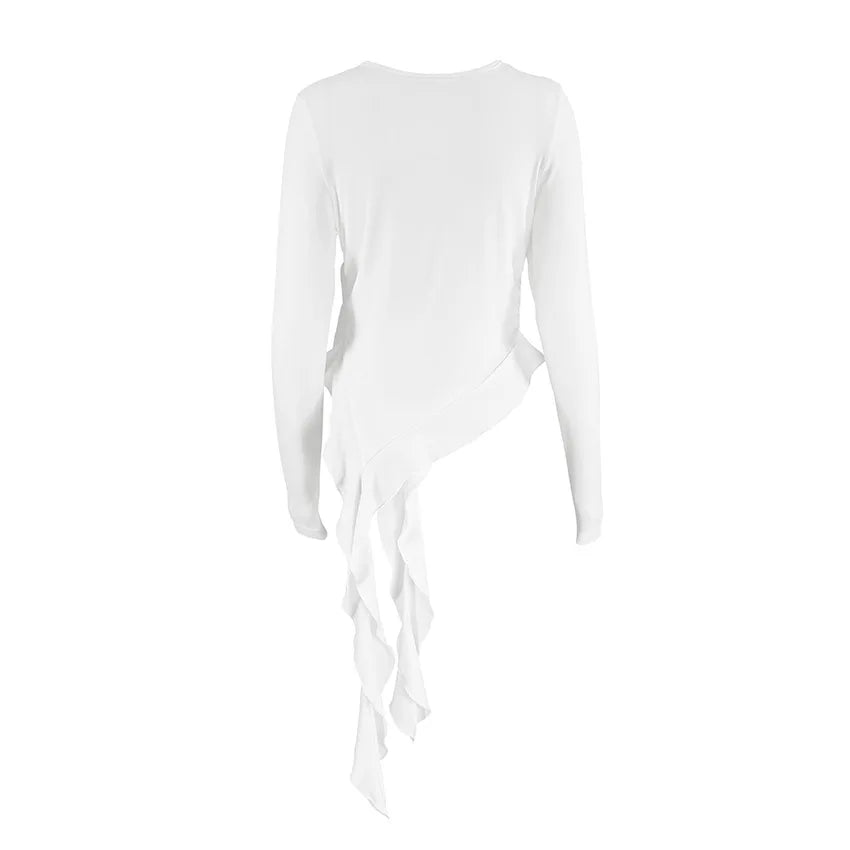 2025 Spring New Solid Color Knitted Top Fashionable Round Neck Long Sleeve Irregular Ruffle Design Slim Fit T-shirt Y2K Hot Girl