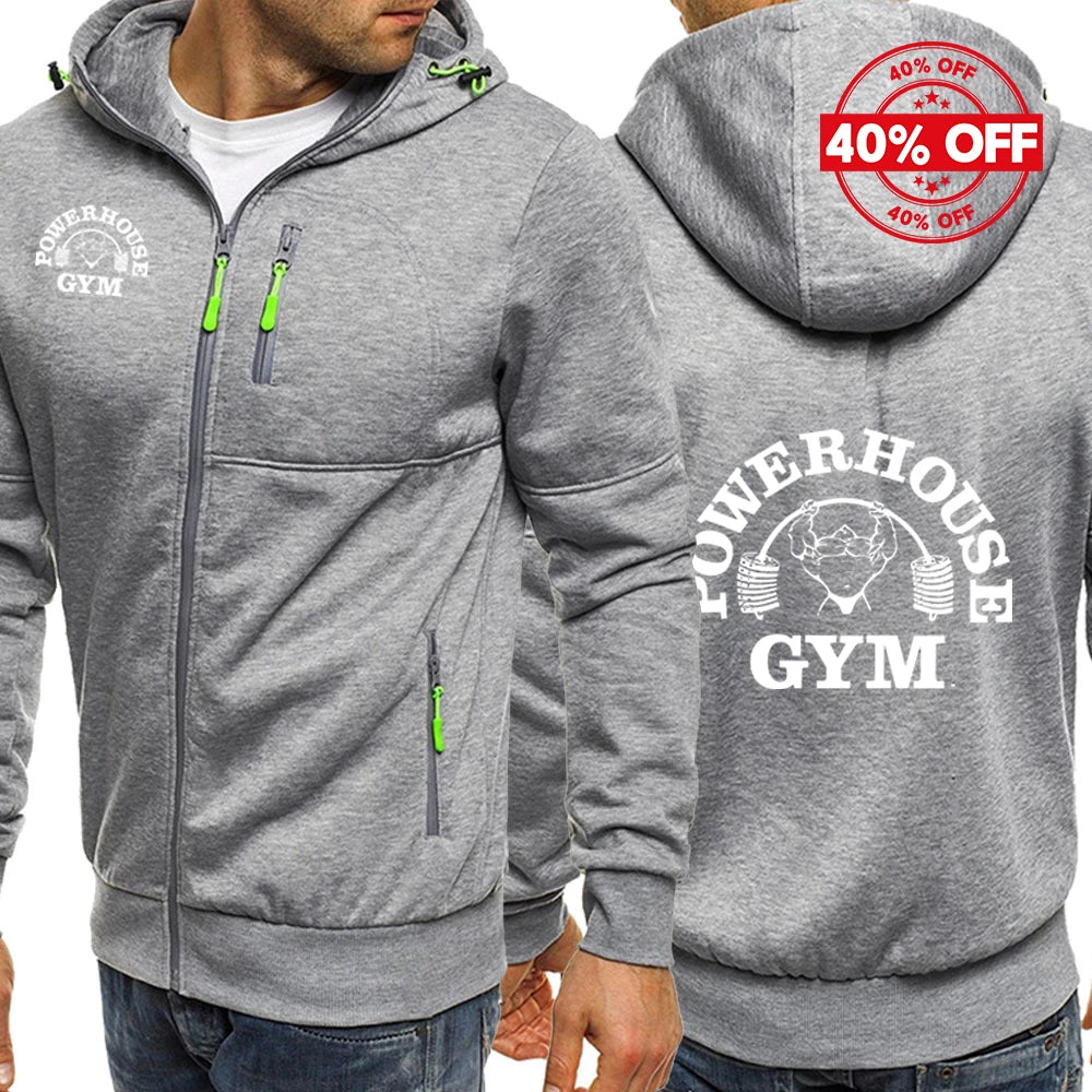2025 Hoodies Hooded Spring Autumn Man's Jacket Long Sleeve Zipper Design Powerhouse Gym Logo Logo Print Slim Fit Casual Coat