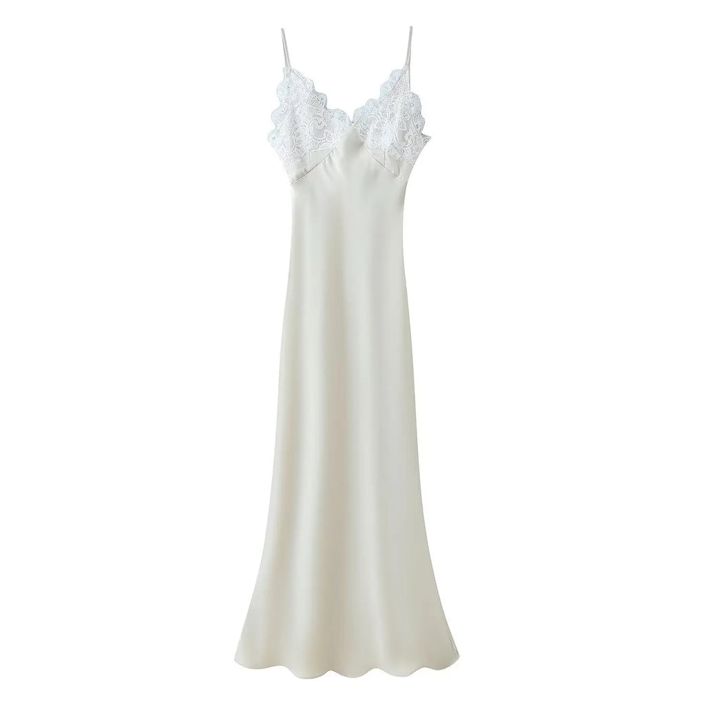 Butter Yellow Satin Bias Cut Lace Patchwork Midi Dress Women's V Neck Backless Suspenders Dresses 2026 New Dinner Party Vestidos