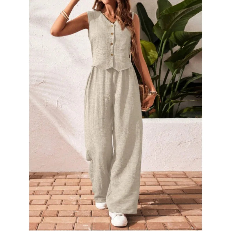 Two-piece Ladies Set 2026 Summer New Versatile Sleeveless V Neck Vest Tops Suits Fashion Casual Loose Tops Wide Leg Pants Sets