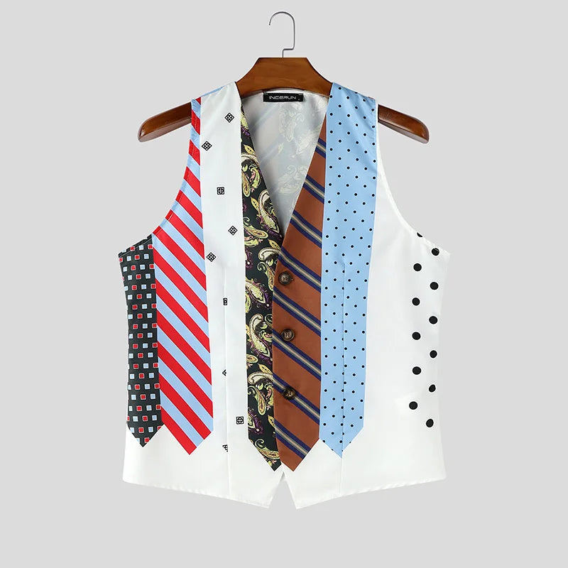 INCERUN Men's Vests Tie Printing V Neck Sleeveless Vintage Casual Male Waistcoats Streetwear Fashion Men Clothes Vests For Man