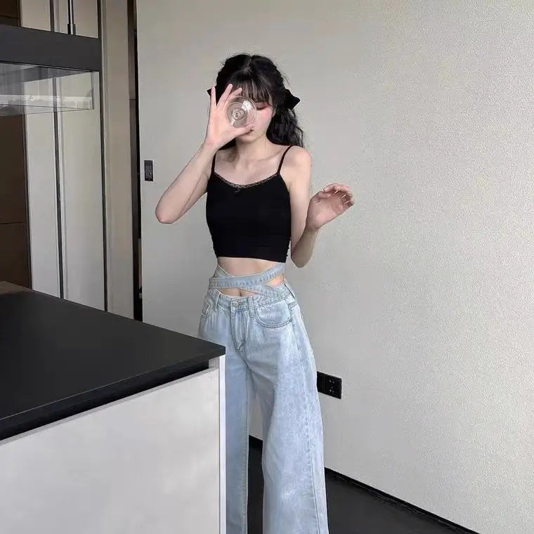 Women's High Waist Baggy Jeans Korean Trendy Loose Wide Leg Denim Pants With Ankle Ties Flowy Floor Length Streetwear