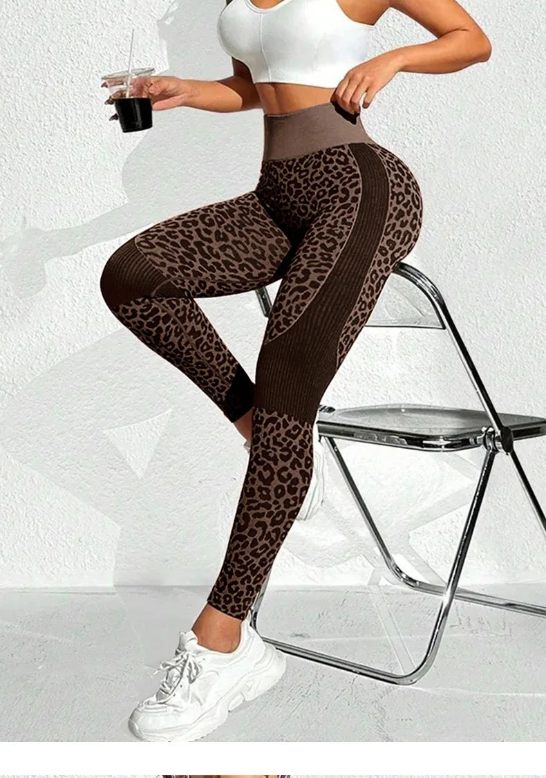 Women Leopard Print Leggings Seamless Knited Yoga Pants High Elastic Sexy Hip Liftting Workout Running Fitness Pants