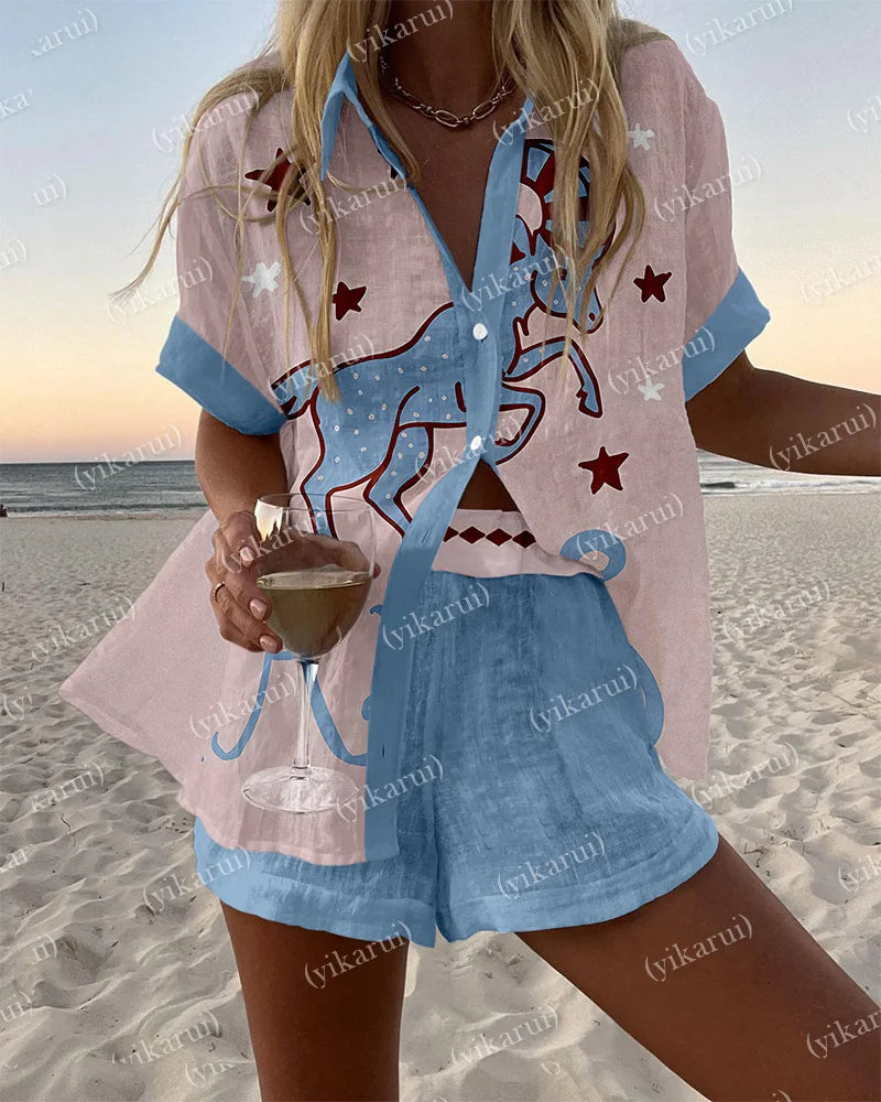 Summer Fashion Colorful Printed Blouse Shorts Two Pieces Sets Women Lapel Short Sleeve Button Shirt Suit Beach Holiday Outfits