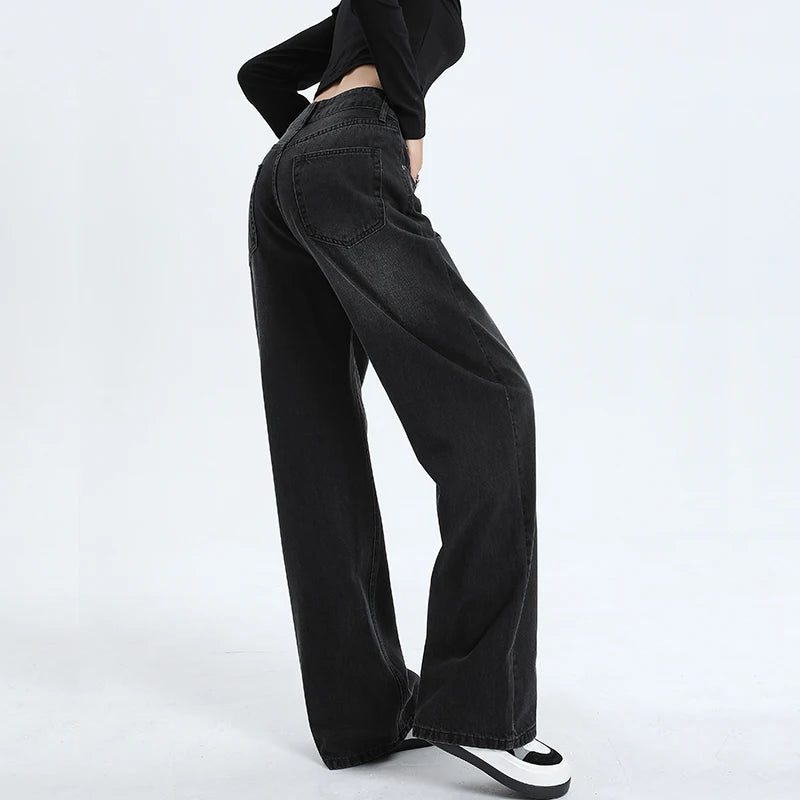 Autumn Winter Fleece Jeans Women Cotton High-waisted Baggy Wide-leg Pants Fashion Korean Vintage Black Gray Velvet Warm Jeans
