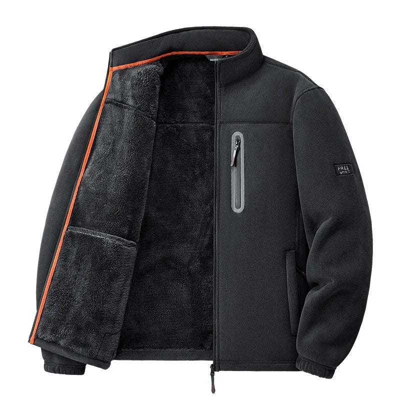 Men Fleece Lined Jacket Winter Thick Warm Stand Collar Zip Up Windproof Outdoor Casual Outerwear