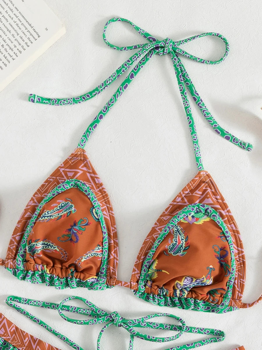 Print Bikinis Bordered Bikini Set Mciro Halter Swimwear Women Swimsuit Sexy Beachwear Brazilian Biquini Triangle Bathing Suits