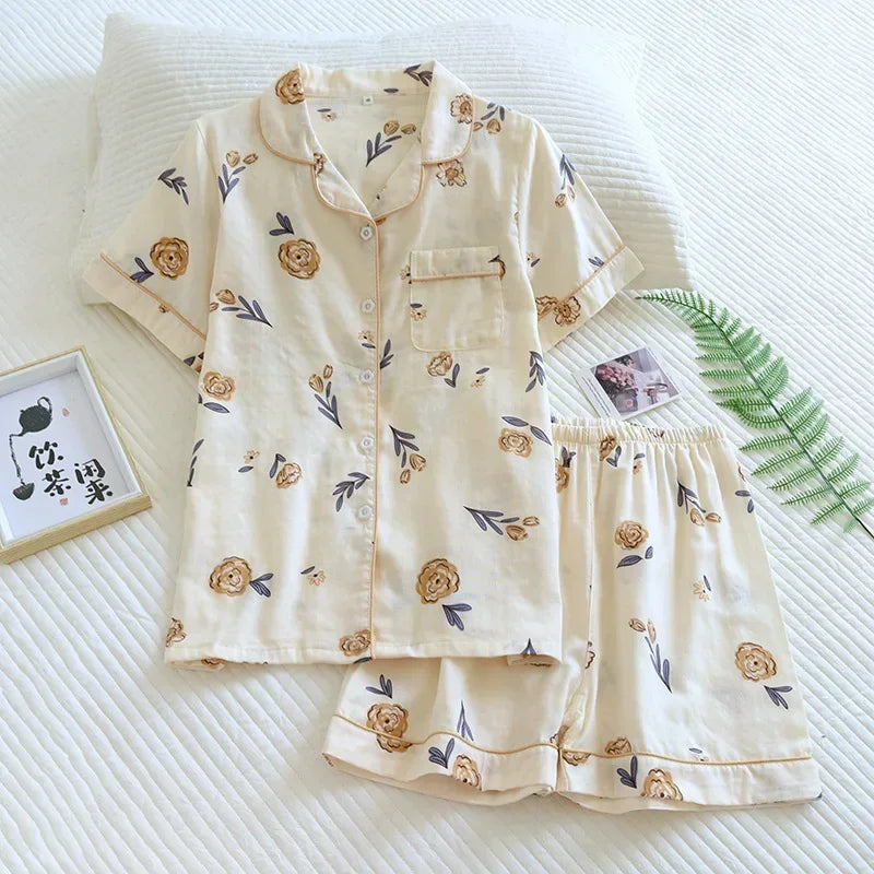 Japanese simple short pyjamas women 100% cotton short sleeves ladies pajama sets shorts Cute cartoon sleepwear women homewear