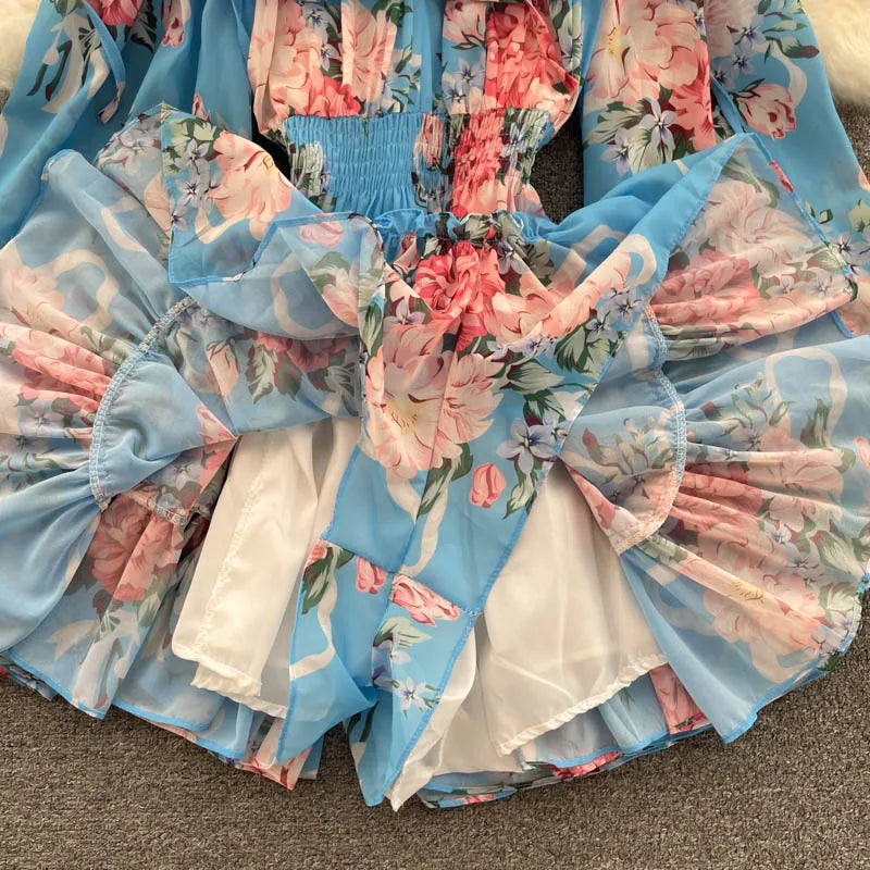 2025 New Retro Summer Beach Vacation Dress Women Sexy Strapless Lantern Sleeve Sweet Floral Jumpsuit Short Chiffon Print Dresses