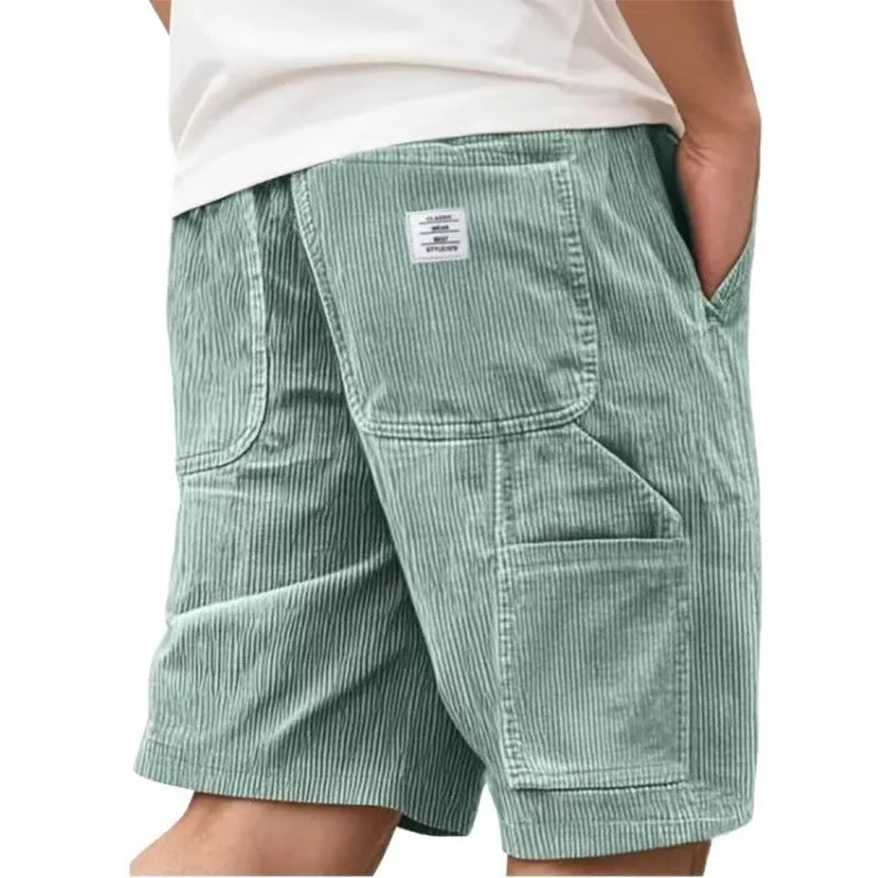 Men's Casual Corduroy Workwear Shorts 2026 Fashion Summer Elastic Waist Multi-Pockets Pants Daily Wear Retro Male Trousers