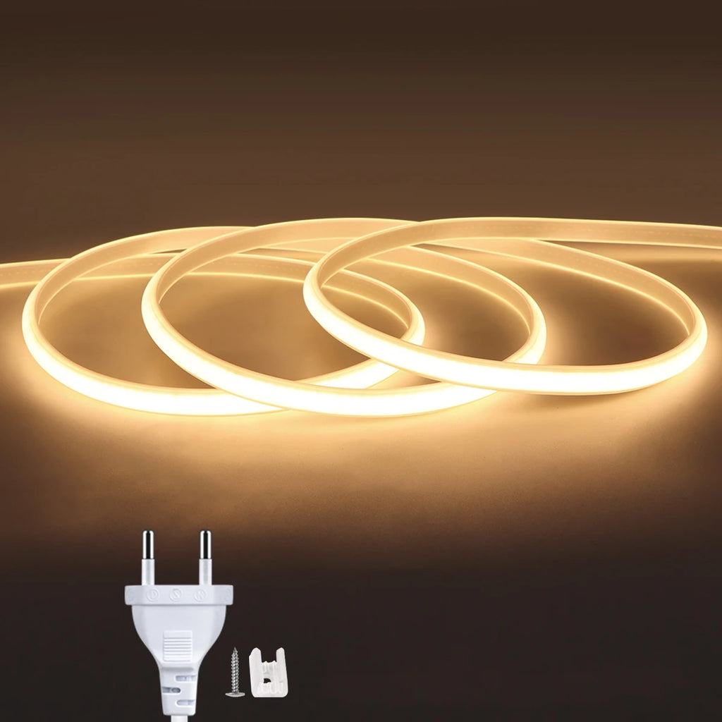 1M-5M 220V COB LED Strip Light Waterproof COB LED Tape US /EU Power Plug Flexible Ribbon Lamp For Bedroom Kitchen Outdoor Decor