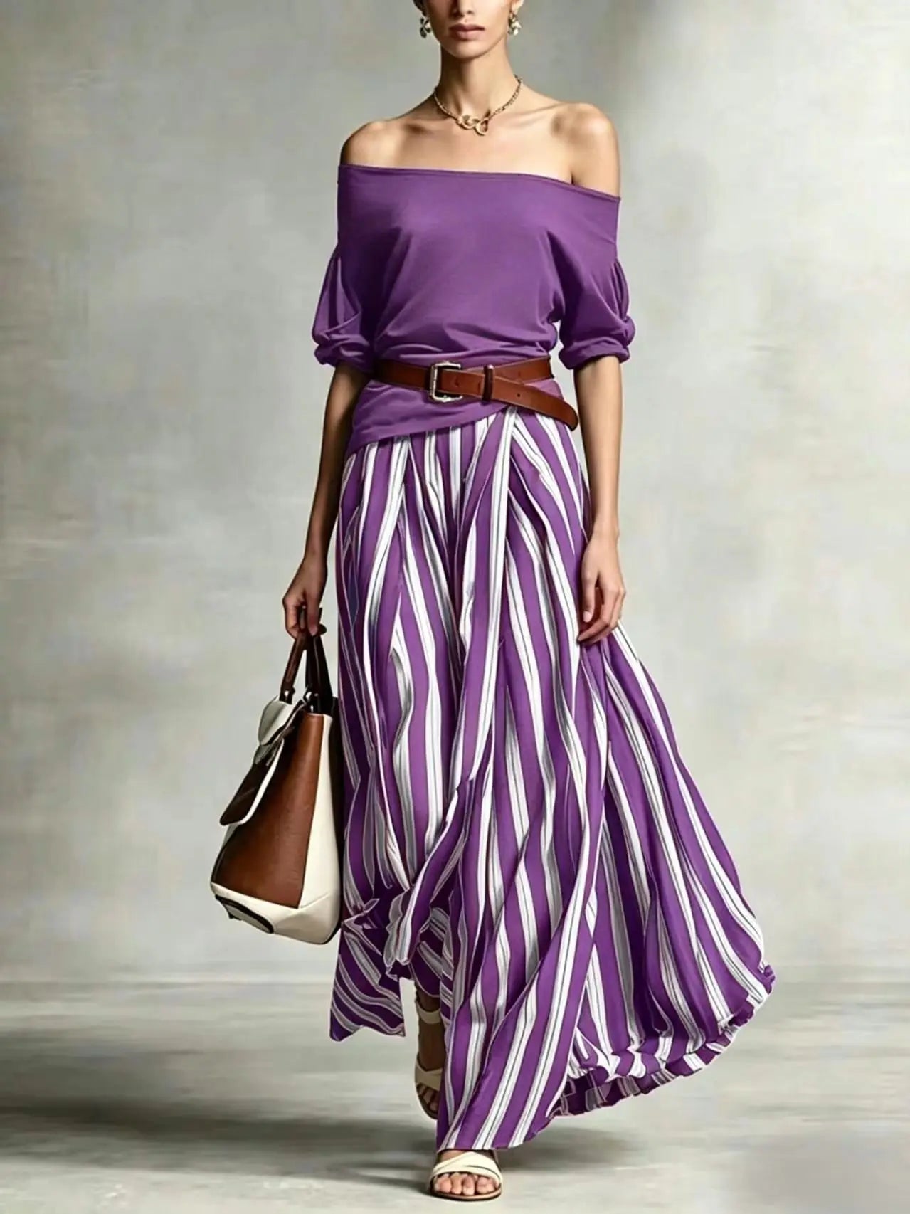 Women Multiple Colors Off Shoulder Puff Sleeve Top Vertical Stripe Flowy Maxi Skirt 2 Piece Outfit Loose Casual Vacation Set