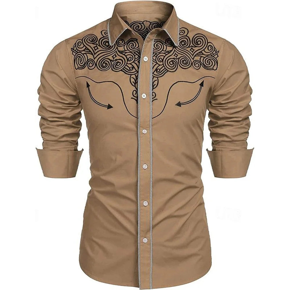 Versatile And Elegant Men's Elastic Face Printed Shirt Casual Lapel,easy To Care For Spring And Fall, Perfect For Every Occasion