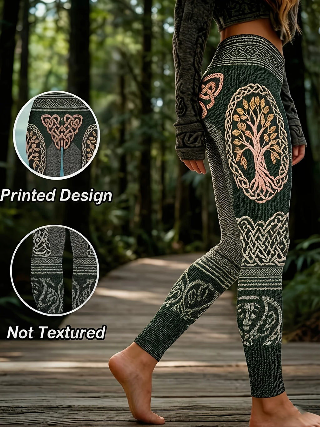 Women Mid‑Rise Fleece Lined Leggings Tree of Life Celtic Print Warm Elastic Casual Pants