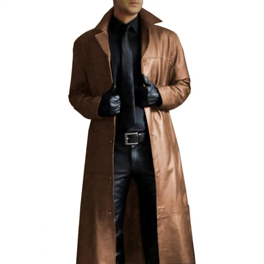 Men Faux Leather Jacket Stylish Men's Faux Leather Trench Coat with Turn-down Collar Windproof Design Slim Fit for Long