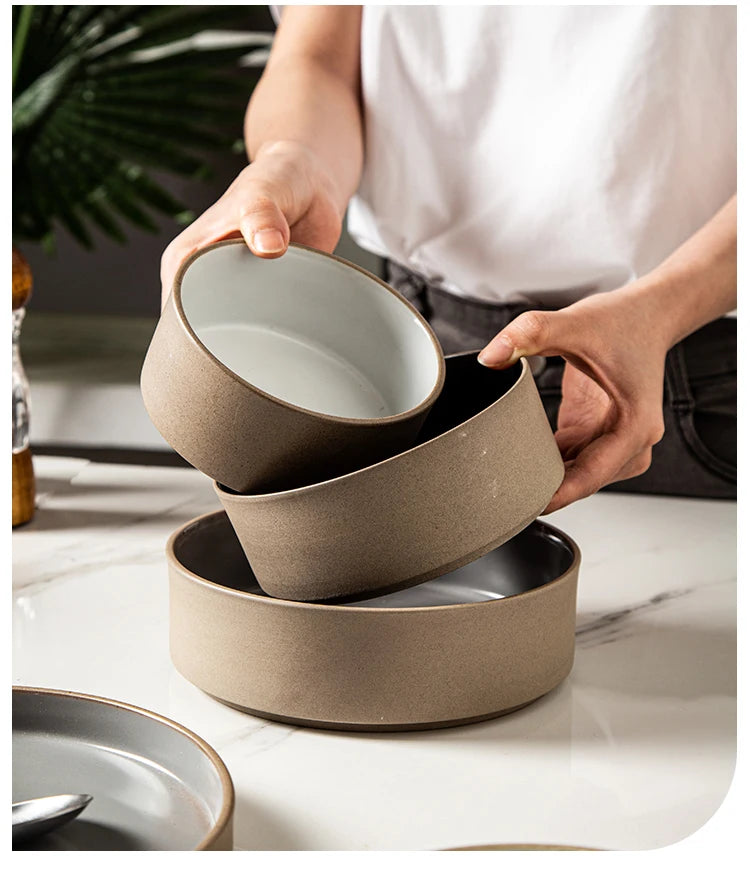 Retro Japanese Style Ceramic Bowl Set for Home Use round Shape Dinnerware Tray Dumpling Soup Noodle Bowl Matte Finish Utensils