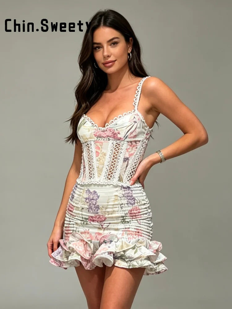 Sexy Women's Floral Printed Mini Ruffle Skirt Set Slim Lace Trim Hollow Spaghetti Strap Top Pleated Skirts 2026 Summer Lady Suit