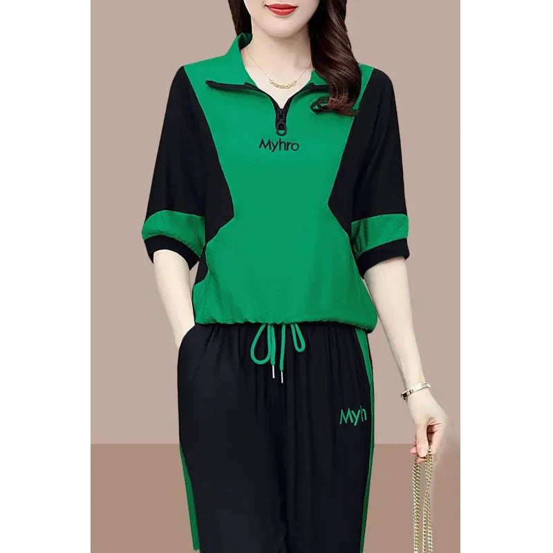 2 Piece Sets Women 2024 Summer Fashion Contrast Color Half Zipper Short Sleeve Tops Casual Pockets Sports Joggers Pants Outfits