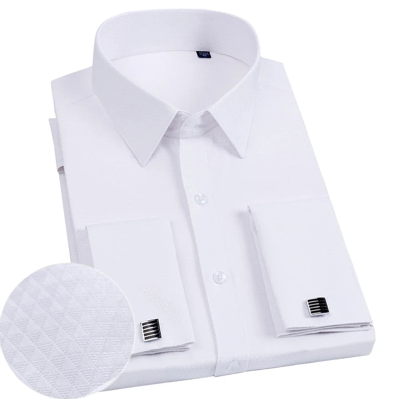 Men's Slim Fit French Cufflink Shirt Long Sleeves Double Cuff Solid Color High End Wedding Formal Dress Casual Men's Clothing