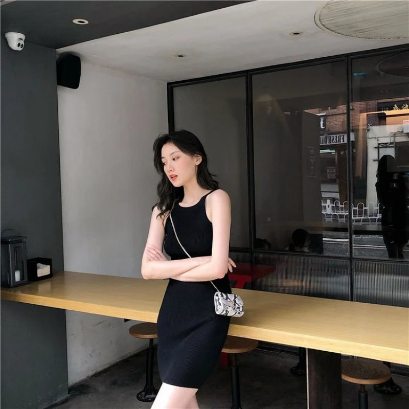 Summer New Style Hong Kong Flavor Slimming Sexy Girl Neck Hanging Bodycon Dress Shoulder Exposure Knitted Strap Dress Women